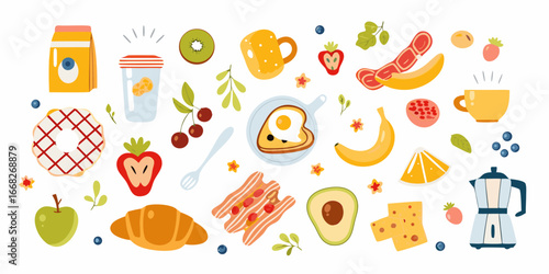 Colorful Flat Lay Illustration of Breakfast Foods