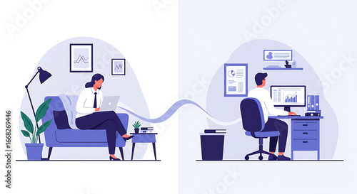 Seamless Hybrid Work Model: Remote Professional Woman and Office Man Illustrate Flexible Collaboration