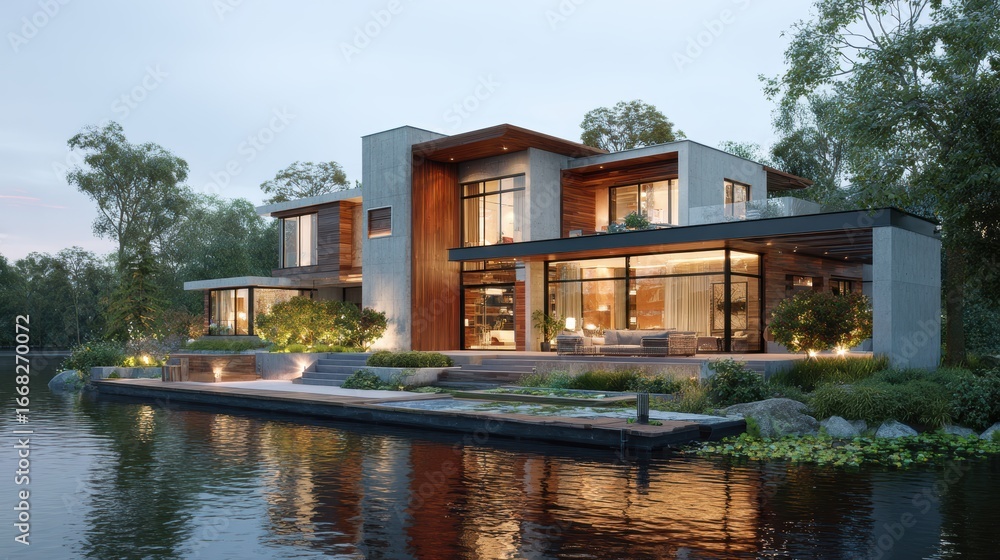 Obraz premium 3d rendering of modern house by the river house, luxury, villa, modern, architecture, building, exterior, residential, property, designer