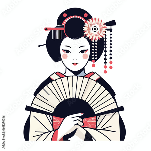 Image of a Japanese Geisha with a folding fan with a simple and minimalist flat design using a white background.