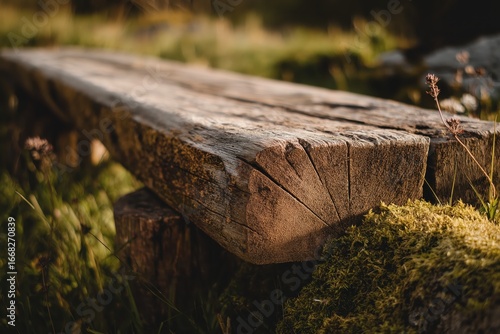 Rustic bench made from weathered wood, placed among moss and grass in warm forest light, evoking solitude and nature.
