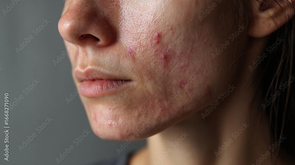 Fototapeta premium acne on woman face with rash skin, scar, and red skin syndrome allergic to cosmetics, use steroids, dermatology, inflammation, infection, hygiene