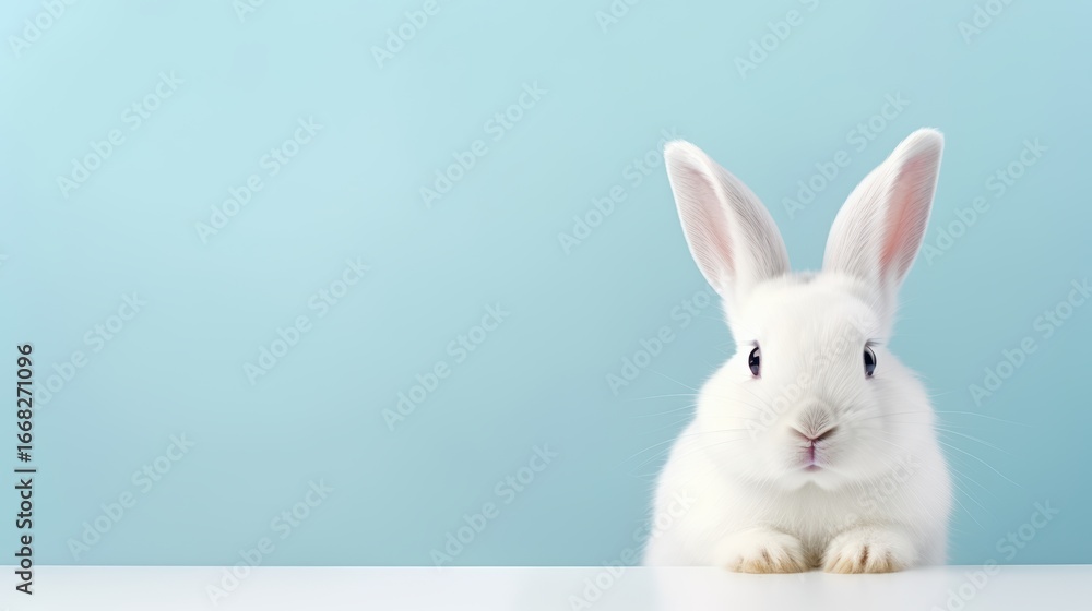 Obraz premium cute animal pet rabbit or bunny white color smiling and laughing isolated with copy space for easter background, rabbit, animal, pet, cute, fur, ear, mammal, background, celebration, generate by AI