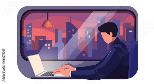 Businessman Working Remotely on Laptop with City View from Travel Window - Digital Nomad Productivity and Urban Lifestyle