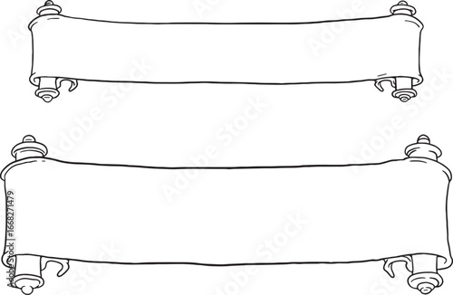 A set of two hand-drawn vector scrolls in a clean line art style. These blank paper scrolls are perfect for ancient-themed designs, formal documents, certificates, or decorative elements.