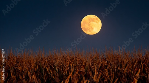 Dramatic full moon rising over a silhouette of wheat fields under a deep twilight sky