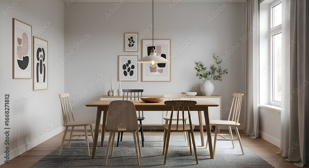 Fototapeta premium Dining Room Interior with Wooden Table and Chairs