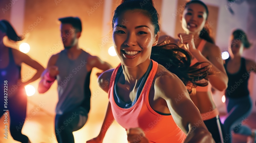 Fototapeta premium Innergize Day. an energetic group fitness class in a bright modern studio, diverse participants doing high-energy workout routines, dynamic movement captured mid-action