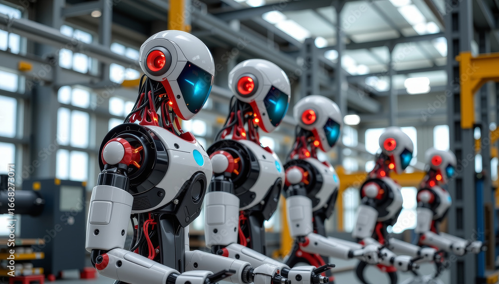 Futuristic hydrogen-powered robots working in advanced manufacturing urban factory technology industrial environment close-up view Futuristic hydrogen-powered robots working in advanced manufacturing urban factory technology industrial environment close-up view