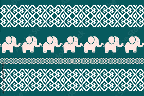 Cute cartoon elephant seamless Christmas pattern with Nordic folk art, red and green festive background, playful holiday textile design for winter decoration and joyful celebration.