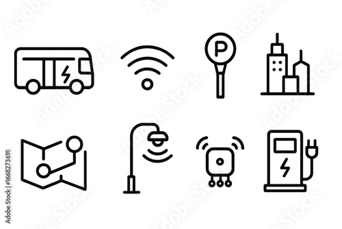 Smart city icons: electric vehicle charging, bus, Wi-Fi, parking, buildings, map, street lamp