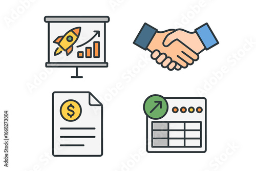 Business growth and financial success icons: handshake, rocket, document, progress chart