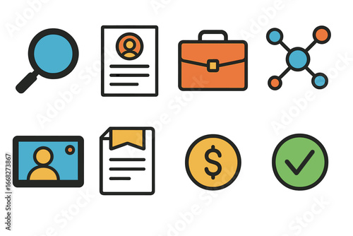 Business and finance icons: magnifying glass, resume, briefcase, network, video call, document, dollar coin, checkmark