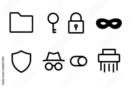 Security and privacy icons: folder, key, lock, mask, shield, incognito, toggle, shredder