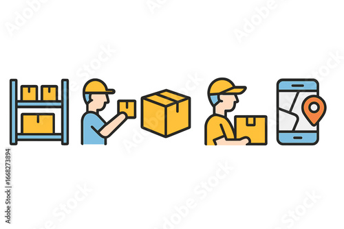 Delivery service icons for package handling, storage, and tracking on smartphone map
