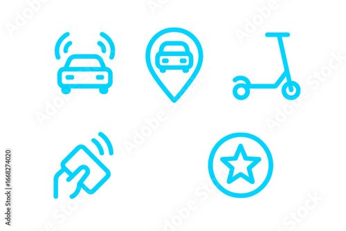 Smart mobility icons for connected car, navigation, scooter, keyless entry, and rating system