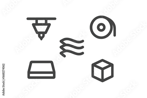 3D printing technology icons: nozzle, filament spool, build plate, cube model