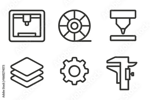 Manufacturing and engineering tools and processes icons: 3D printer, filament, laser cutter, layers, gear, caliper
