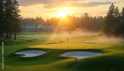 Sunrise illuminates misty golf course. Green fairways, sand bunkers, flag on putting green visible. Large clubhouse sits in background, surrounded by trees. Peaceful morning light enhances serene