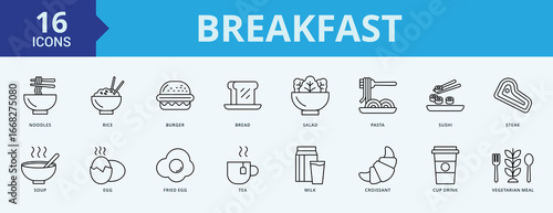 Breakfast icon collection set with noodles, rice, burger, bread, salad, pasta, sushi
