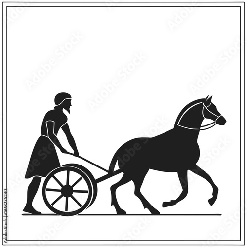 Ancient chariot parked in square silhouette