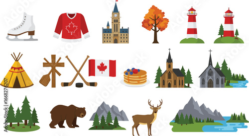 Canada icons collection, Canadian culture symbols, maple leaf, wildlife, nature, hockey, landscapes, traditions