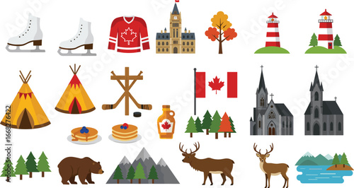 Canada icons collection, Canadian culture symbols, maple leaf, wildlife, nature, hockey, landscapes, traditions