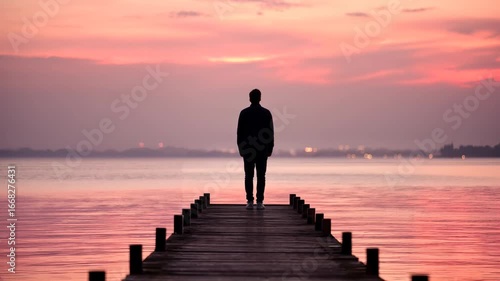Solitary figure gazes over calm waters at sunset near a scenic dock in quiet surroundings