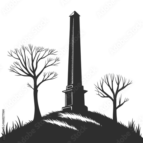 Ancient obelisk on grassy hill silhouette