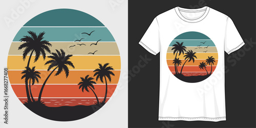 Tropical Sunset Design on a T-shirt: Capturing the essence of paradise, a vibrant design featuring silhouettes of palm trees against a colorful sunset graces a t-shirt.