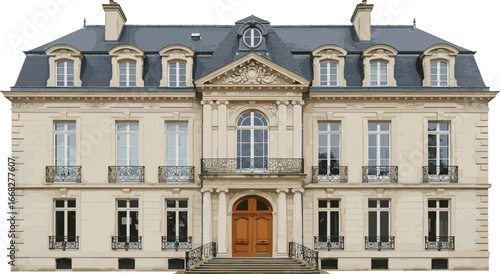 Elegant French classical mansion with stone facade, wrought iron balconies, arched windows, ornate carvings, luxury architecture, historic European estate.