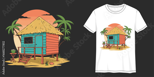 Tropical Haven Graphic Design: A vibrant illustration showcasing a tropical beach house, evoking feelings of paradise and relaxation against a sun-kissed sky and palm trees