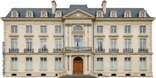 Elegant French classical mansion with stone facade, wrought iron balconies, arched windows, ornate carvings, luxury architecture, historic European estate.