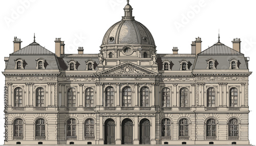 Elegant French classical mansion with stone facade, wrought iron balconies, arched windows, ornate carvings, luxury architecture, historic European estate.