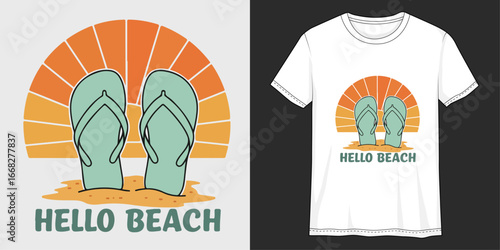 Sunshine Hello Beach: Featuring flip-flops in beach themed vector illustration and printing on a T-shirt, the scene embodies the summer mood with a vintage vibe.