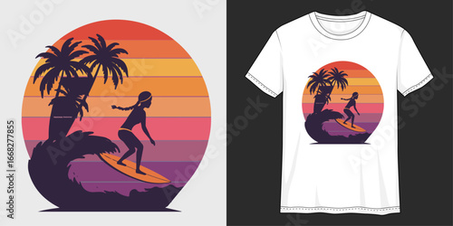Surfing Sunset Silhouette: A vibrant graphic illustration captures the essence of summer with a surfer gracefully riding a wave silhouetted against a radiant sunset.