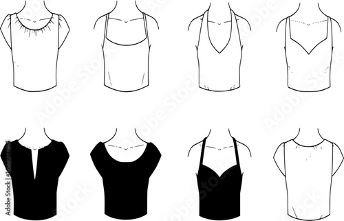 Neckline Type of Women Dress. Strapless Decolletage, Halter, Sweetheart, Queen Anne, V-Neck, Off Shoulder. Neck Line Fashion Blouse, Shirt Silhouette Pictogram Set. Isolated Vector Illustration