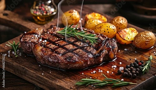 Wallpaper Mural Perfectly grilled ribeye steak with beautiful grill marks on wooden cutting board, caramelized golden brown crust, fresh rosemary sprigs on top Torontodigital.ca