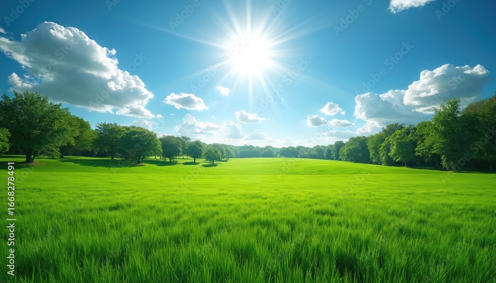 Obraz premium Vibrant green meadow under bright sun. Lush grass stretches to horizon, bordered by trees under clear blue sky with fluffy clouds. Peaceful summer landscape, evoking nature, growth, and open space.