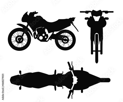 Motorcycle Silhouette Icon Set Side, Front, Back, and Top View on White Background