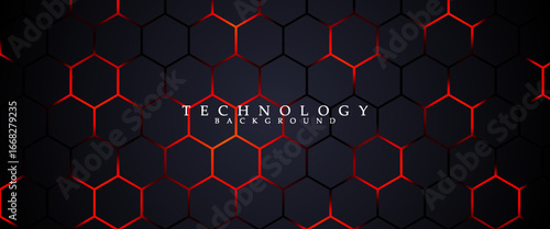 Futuristic hexagon technology background with glowing red edges on dark gradient. Modern digital vector design for tech, gaming, innovation, and cyber themes.