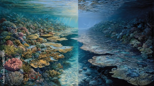 Fototapeta Naklejka Na Ścianę i Meble -  Vibrant Coral Reef Ecosystem vs. Bleached Coral, Underwater Split View