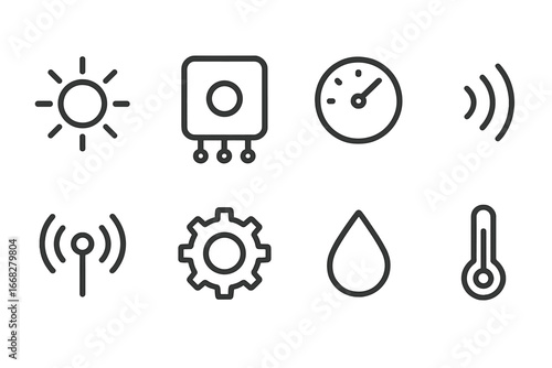 Minimalist line icons for weather, technology, and measurement concepts