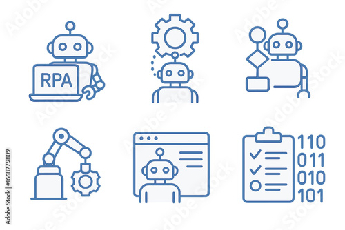 Robotic process automation icons for workflow, data processing, and business operations