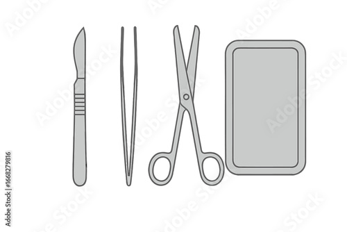 Surgical instruments set with scalpel, forceps, scissors, and tray, minimalist gray and dark outline design