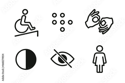 Collection of accessibility and information icons including wheelchair access, braille, sign language, contrast, and privacy