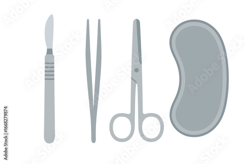 Surgical instruments set: scalpel, forceps, scissors, kidney dish in minimalist style