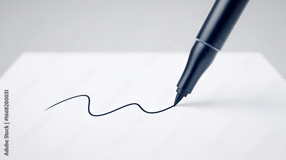 Fototapeta premium Black pen creating a smooth, flowing line on a blank sheet of paper, showcasing the art of writing and drawing with precision and creativity in a minimalist setting