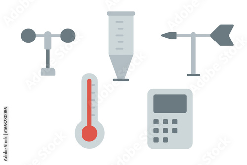 Weather Instruments Collection: Anemometer, Thermometer, Wind Vane, Rain Gauge, Barometer in Flat Design