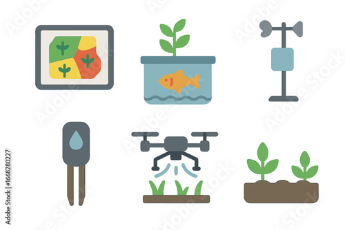 Smart Farming Technology Icons: Drone, Soil Sensor, Weather Station, Aquaculture